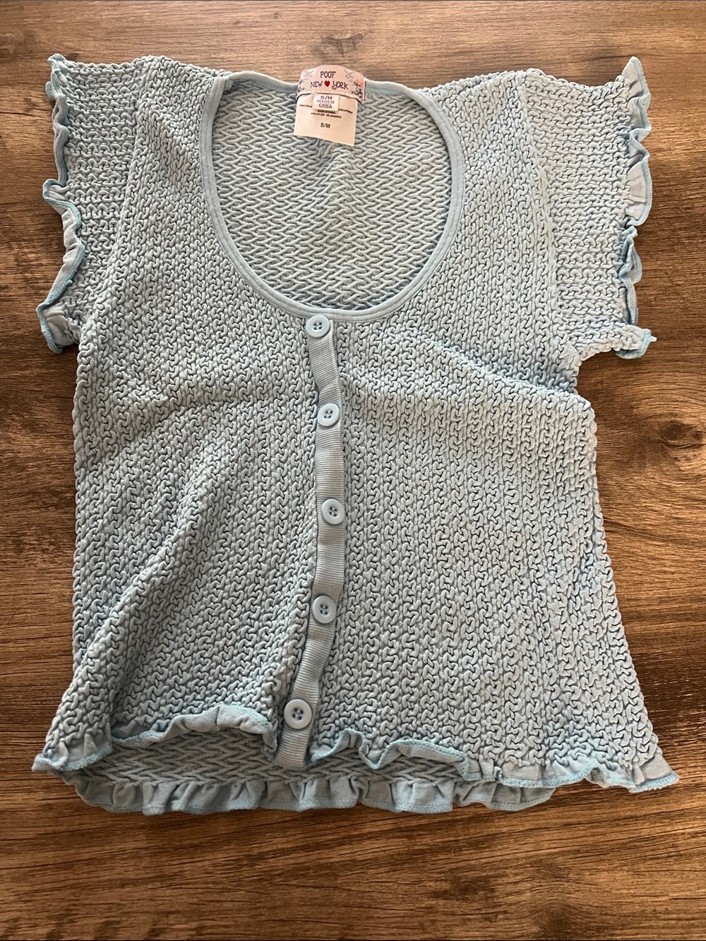 Poof! Light Blue Knit Ruffle Button Crop Top